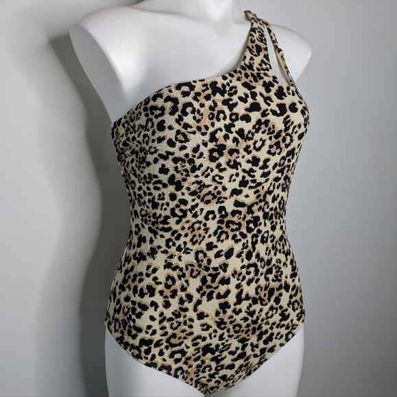 Ibiza black tan cheetah leopard print one shoulder one piece swimsuit L - Picture 4 of 11